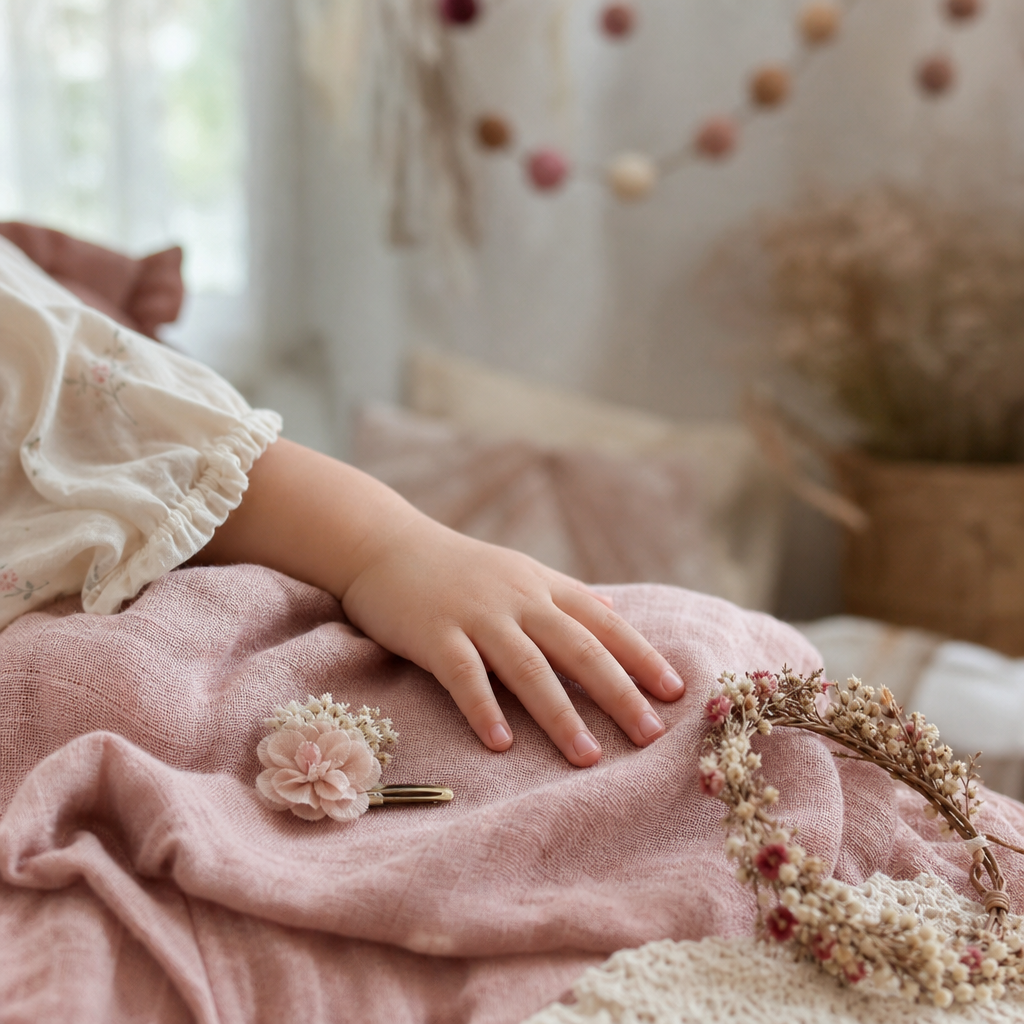 Détail d'accessoires pastels prêts pour une fête d'anniversaire beauté chez Jenny