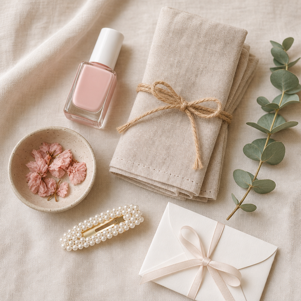 Flat lay des accessoires préparés pour l'anniversaire chez Jenny Beauty