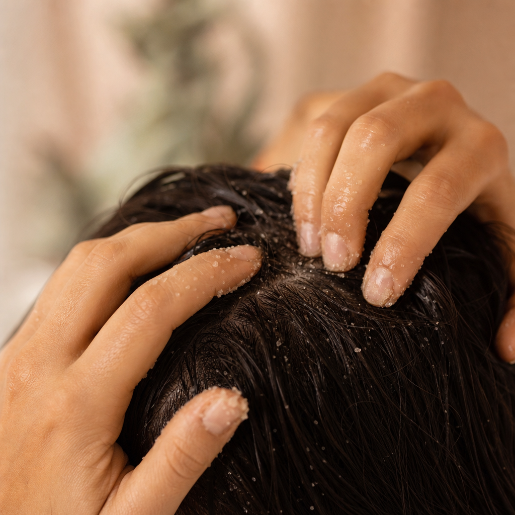 Mains qui massent et exfolient en douceur un cuir chevelu à la racine