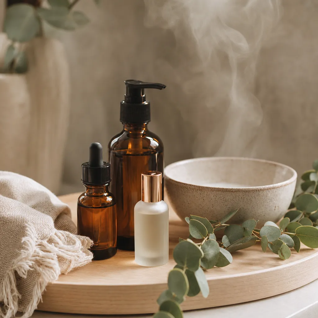 Vapeur tiède et flacons de soins doux dans une ambiance bien-être épurée