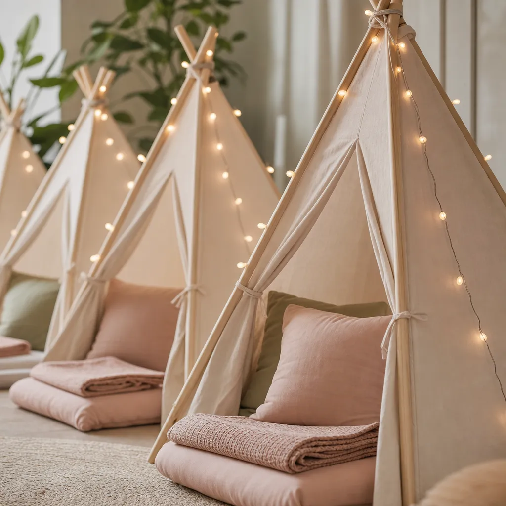 Tipis et guirlandes lumineuses installés dans un salon pour une soirée pyjama